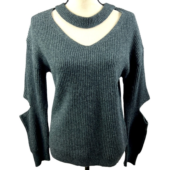Charcoal Gray Choker Collar Sweater Open Elbows V-Neck Wool Blend Small - Picture 2 of 11